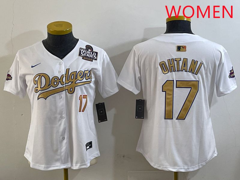 Women Los Angeles Dodgers #17 Ohtani White Champion gold character 2025 Nike MLB Jersey style 3->women mlb jersey->Women Jersey